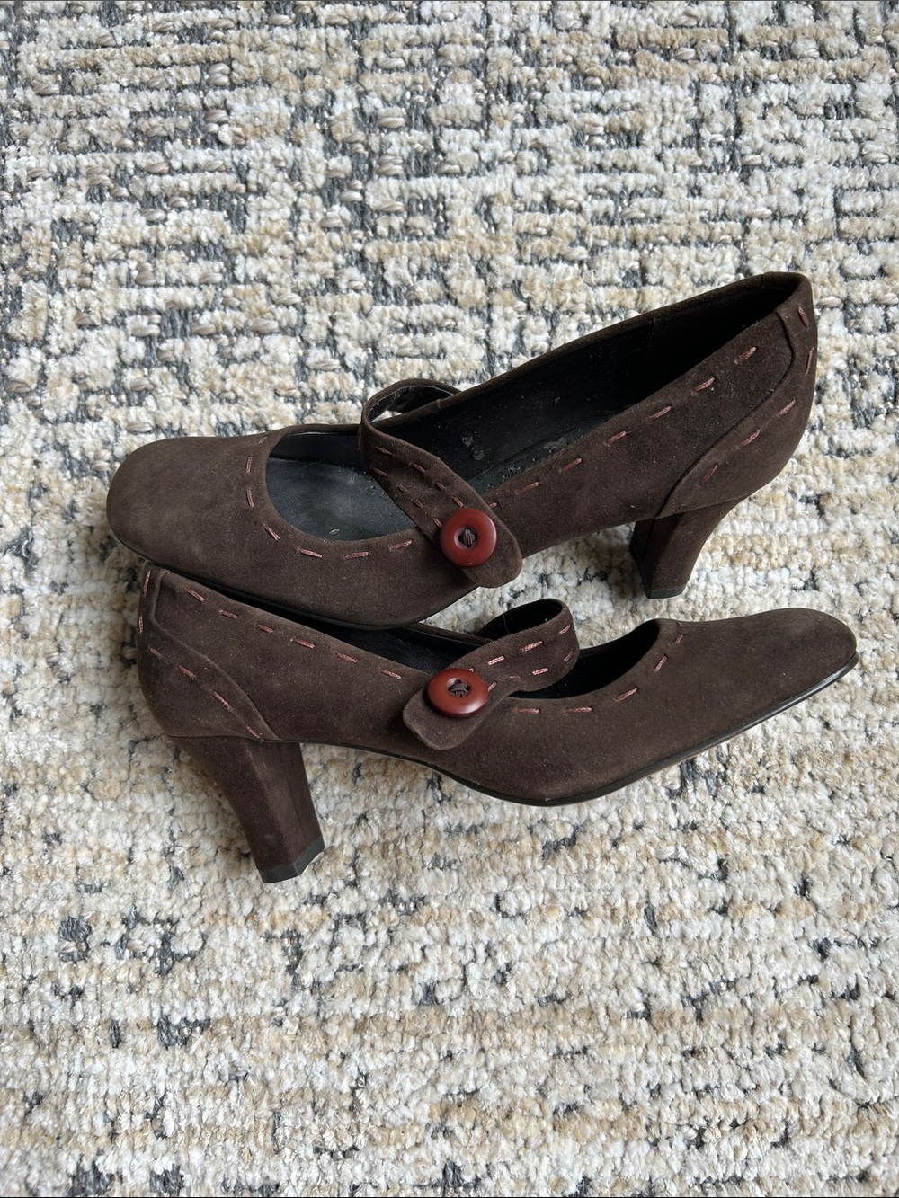 Naturalizer Brown Suede Mary Jane Heels with Red Button Accent